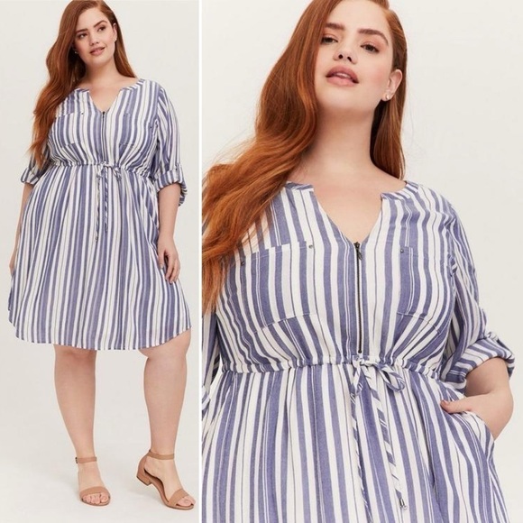 TORRID Women’s Blue & White Stripe Zip Front Drawstring Shirt Dress Size 6X - Picture 1 of 14